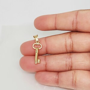 May include: A small, gold-colored key pendant. The key has a detailed design with a loop at the top and a rectangular key bit. The pendant is held against a neutral background.