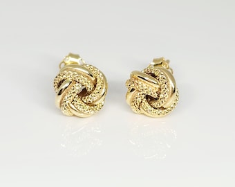Pendientes de nudo de oro amarillo de 10 quilates, pendientes de nudo de oro, pendientes de nudo de amor de oro, nudo infinito de oro, pendiente de bola de oro, regalo para una amiga, 9 mm de diámetro