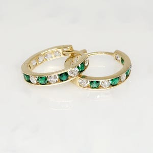 10K Yellow Gold Hoop Earrings; Gold Reversible Hoops, Gold Zircon Hoops, Zircon Huggies, Green Zircon Hoops, White Stone Hoops, 15MM x 16MM