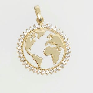 Dije de mapa del mundo en oro amarillo de 10 quilates, mapa con gemas en oro, mapa recortado en oro, colgante circular en oro, dije de la Tierra en oro, mapa con disco en oro, 16 mm de diámetro