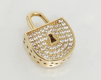 14K Real Gold Lock Charm, Gold Double-Sided Lock, Dimensional Lock, Gem Stone Lock, Black Faux Onyx Lock, Anniversary Gift, 17MM x 15MM
