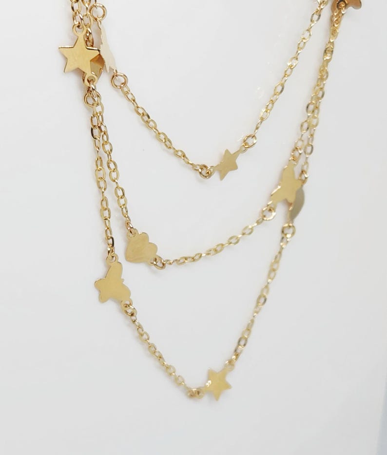 10K Yellow Gold Hanging Earrings, Gold Star Necklace, Gold Heart Jewelry, Gold Butterfly Chain, Multi-Strand Necklace, Anniversary Gift, 17" Necklace