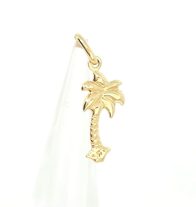 14K geelgouden boombedel, gouden palmboombedel, geribbelde boombedel, gouden tropische boom, botanische sieraden, gouden gezwollen boom, 16 mm x 10 mm afbeelding 12