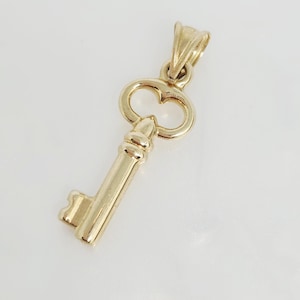 Genuine Gold Small Key, Gold Skeleton Key Charm, Gold Key Luck Charm, Gold Puffy Key Charm, Gold Key to My Heart, Gift for her, 17mm x 9mm