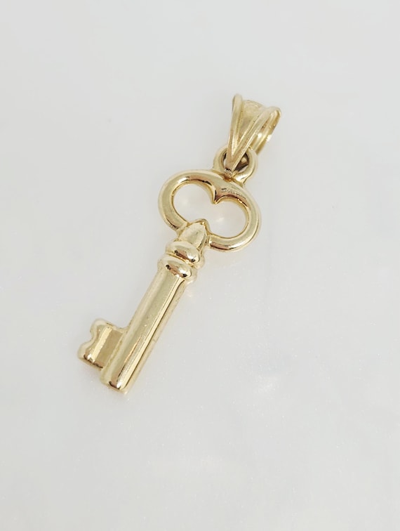 Genuine Gold Small Key, Gold Skeleton Key Charm, Gold Key Luck Charm, Gold Puffy Key Charm, Gold Key to My Heart, Gift for her, 17mm x 9mm