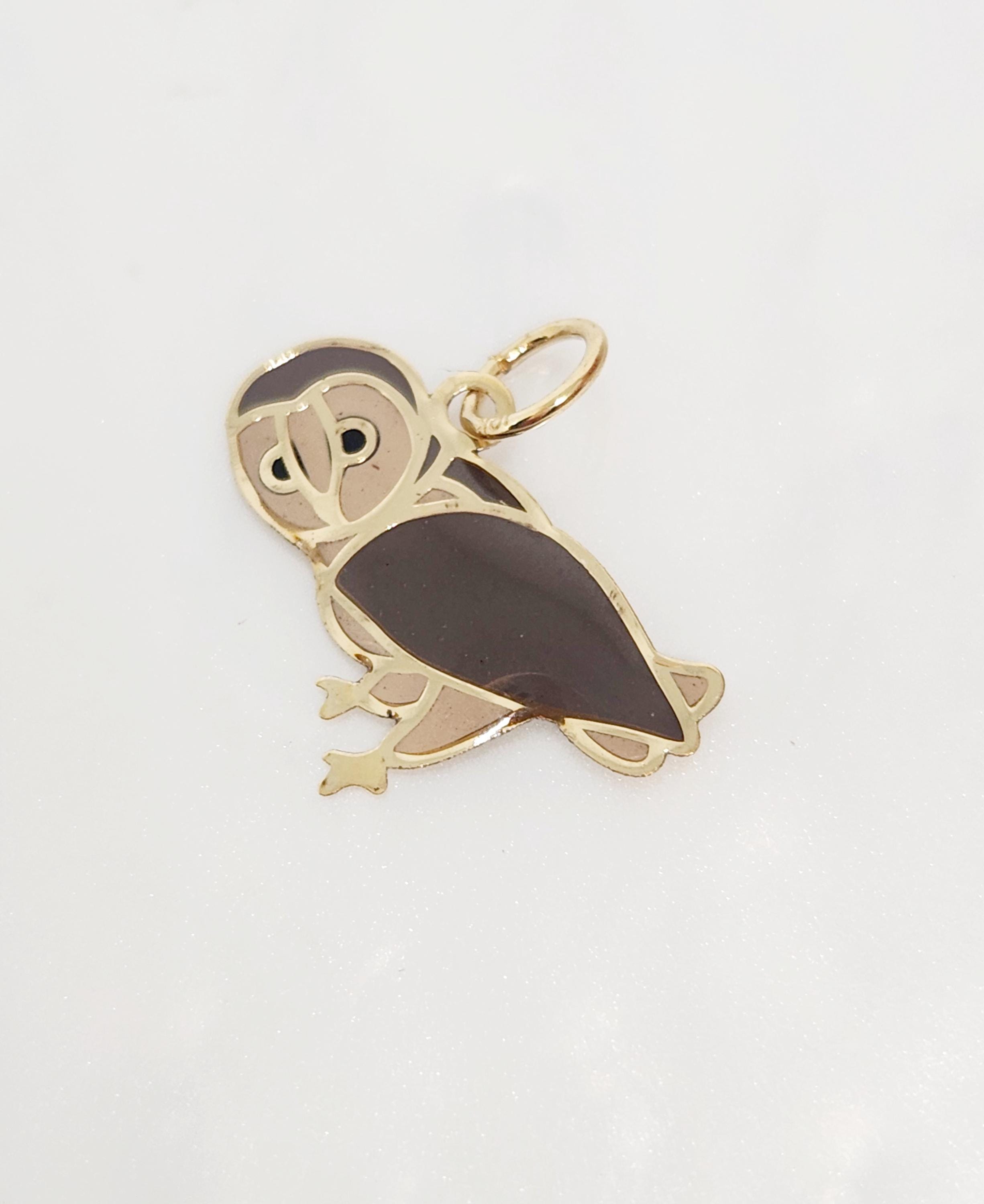 10K Yellow Gold Owl Charm, Gold Enamel Owl, Gold Bird Charm, Gold Animal Charm, Gold Wise Owl, Owl P