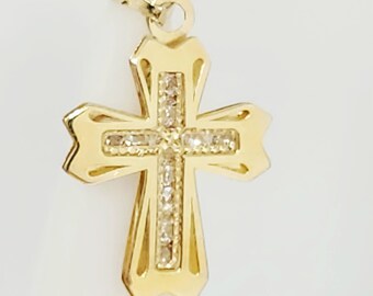 Kleiner Kreuzanhänger aus 10-karätigem Gelbgold, verziertes Goldkreuz, religiöser Anhänger, zierlicher Kreuzanhänger, Zirkonia-Kreuz, dreidimensionales Kreuz, 16 x 13 mm