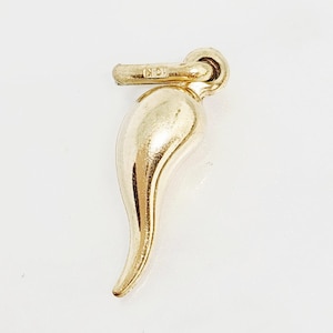 Puede incluir: Un colgante dorado con forma de cuerno, probablemente un amuleto o una joya. El colgante tiene una forma curva y alargada con un lazo en la parte superior para sujetarlo. El metal parece pulido, reflejando la luz.