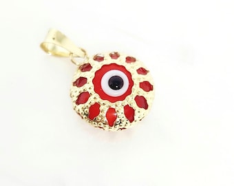 Amuleto pequeño de ojo turco de oro amarillo de 14 quilates, joyería de protección, amuleto de ojo turco rojo, amuleto de ojo turco redondo, amuleto de protección, ojo turco rojo, 10 mm