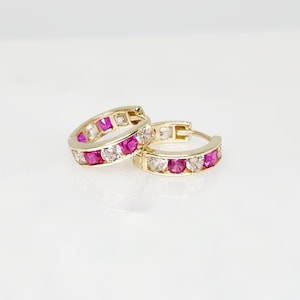 10K Yellow Gold Red Zircon Earrings; Small Gold Hoop Earrings, Gold Baby Hoops, July Birthstone Earrings, Gem Stone Hoops, 10mm x 11mm