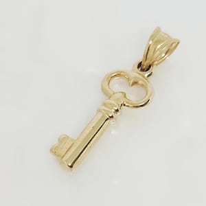 May include: A gold-colored key pendant with a classic design. The pendant features a detailed key shape with a loop at the top for a chain. The key's handle has a decorative design. The pendant is made of a shiny, reflective metal.