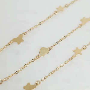 10K Yellow Gold Hanging Earrings, Gold Star Necklace, Gold Heart Jewelry, Gold Butterfly Chain, Multi-Strand Necklace, Anniversary Gift, 17" image 16