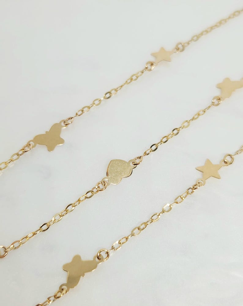 10K Yellow Gold Hanging Earrings, Gold Star Necklace, Gold Heart Jewelry, Gold Butterfly Chain, Multi-Strand Necklace, Anniversary Gift, 17" image 16