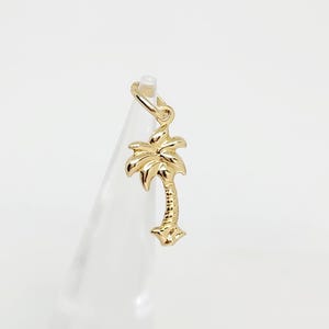 Op de afbeelding: Een gepolijste gouden bedel in de vorm van een palmboom, met een getextureerde stam en gladde, gebogen bladeren. De bedel is voorzien van een kleine ronde ring aan de bovenkant voor bevestiging en heeft een heldere, reflecterende metalen afwerking.