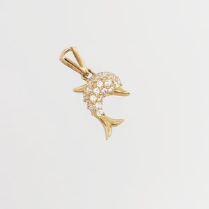 14K Yellow Gold TINY Dolphin Charm, Gold Animal Charm, Gold Ocean Charm, Gold Cubic Zirconia Dolphin Charm, Solid Gold Dolphin, 9MM x 10MM
