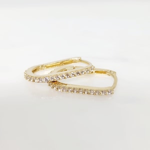 10K Yellow Gold Hoops, Gold CZ Hoop Earrings, Solid Gold Hoops, Gold Rectangle Hoops, Thin Hoop Earrings, Trendy Gold Hoops, 17mm x 12mm