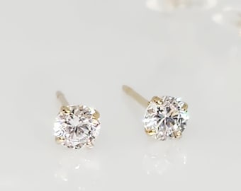 Pendientes pequeños de circonita cúbica en oro amarillo de 10 quilates, pendientes de circonita cúbica, pendientes solitarios de imitación de diamantes, pendientes redondos de circonita cúbica, joyería delicada, 3 mm de diámetro