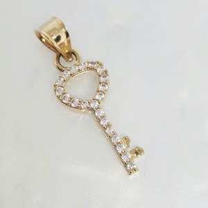 10K Yellow Gold Key Charm, Solid Gold Key Charm, Gold Key Luck Charm, White CZ Key, Key to My Heart, Gift for her, Key Jewelry, 18MMx9MM