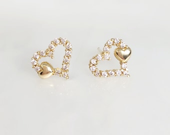 10K Yellow Gold Heart Earrings, Gold Zircon Studs, Open