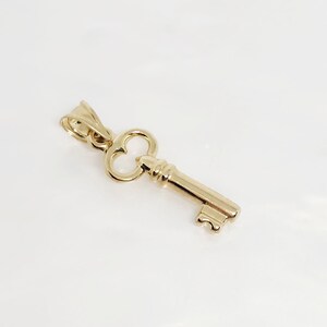 May include: A gold-colored key pendant with a classic design. The key features a detailed bow, a textured shaft, and a decorative bit. The pendant is likely made of gold and is designed to be worn as jewelry.