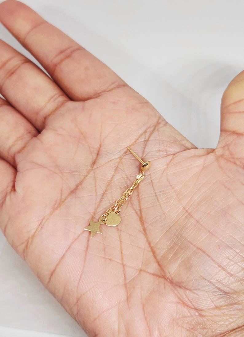 10K Yellow Gold Hanging Earrings, Gold Star Necklace, Gold Heart Jewelry, Gold Butterfly Chain, Multi-Strand Necklace, Anniversary Gift, 17" image 9