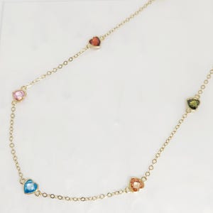 10K Yellow Gold Stone Necklace, Gold Heart Necklace, Gold Multi-Color Necklace, Dainty Gold Necklace, Anniversary Gift, 16.5 - 17&quot; long