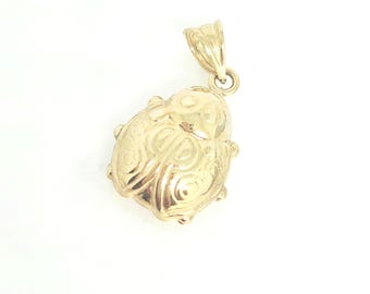 Puede incluir: Un colgante de metal en tono dorado con forma de mariquita. El colgante presenta una superficie pulida con patrones circulares y lineales en relieve en las alas y la cabeza, e incluye una pequeña anilla triangular en la parte superior.