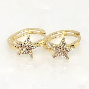 10K Yellow Gold Huggies; Gold Star Earrings, Gold Zircon Huggies, Gold Star Huggies, White Stone Hoops, Gift for her, Gift for Child, 12mm