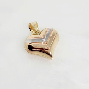 10K echte gouden hartbedel, gouden gezwollen hartbedel, goud diamant geslepen hart, 3D-hart, echt gouden hart, driekleurige hartbedel, 14 mm x 12 mm