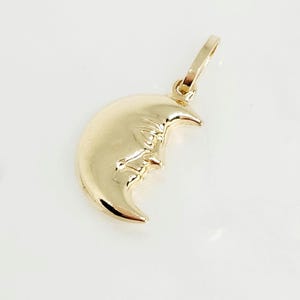14K Yellow Gold Moon Charm, Man on the Moon Charm, Semi-Solid Puffy Moon, Half Moon Face Charm, Two Sided Moon, Gold Moon Jewelry, 14MMx11MM
