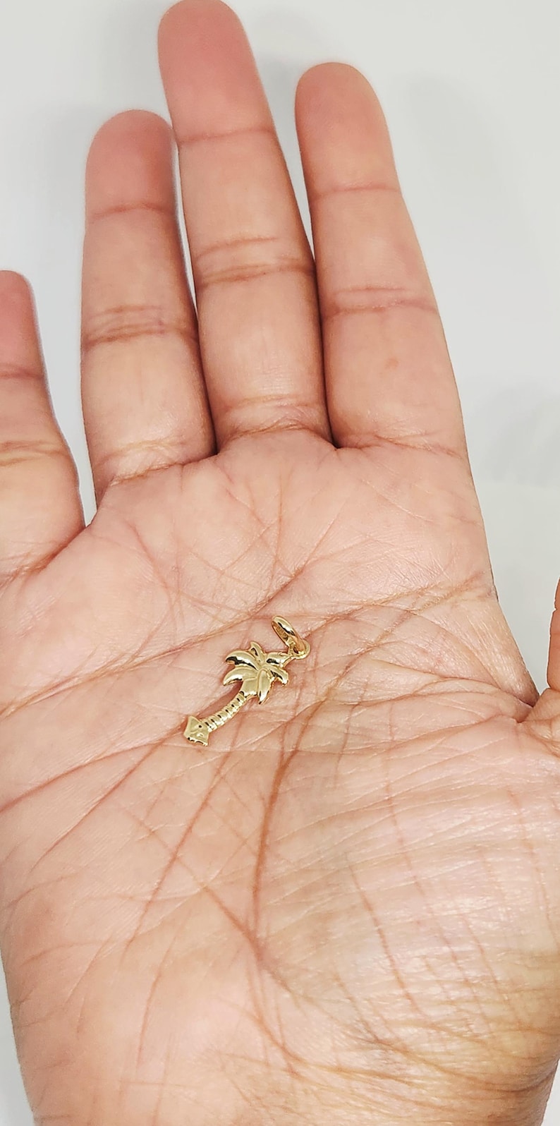 Op de afbeelding: Een kleine, gepolijste goudkleurige metalen hanger in de vorm van een palmboom. De bedel heeft een gestructureerde stam en gedetailleerde bladeren aan de bovenkant, met een klein rond ringetje aan de bovenzijde om aan een ketting te hangen.