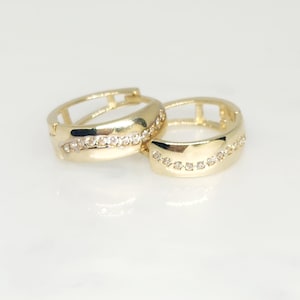 10K Yellow Gold Huggie Earrings; Gold Hoop Earrings, Gold Zircon Hoops, Zircon Huggies, Statement Hoops, Studded Hoops, Gift for her, 14mm