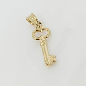 May include: A gold-colored key pendant with a detailed design. The key has a classic shape with a loop at the top for a chain. The pendant is made of a shiny, reflective metal.