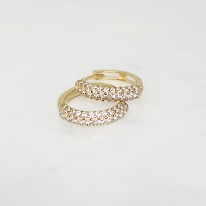 10K Yellow Gold Huggie Earrings; SMALL Gold Hoop Earrings, Gold Zircon Hoops, Zircon Huggies, Dainty Gold Hoops, Studded Hoops, Gift for her