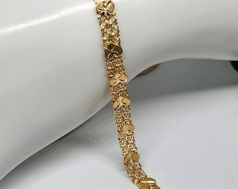 10K Genuine Gold Vintage Bracelet, Spanish link Bracelet, Heart Bracelet, Double Link Bracelet, Solid Gold, Unique Bracelet, 8", Female Gift