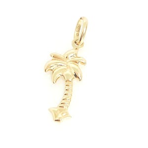 14K geelgouden boombedel, gouden palmboombedel, geribbelde boombedel, gouden tropische boom, botanische sieraden, gouden gezwollen boom, 16 mm x 10 mm afbeelding 1