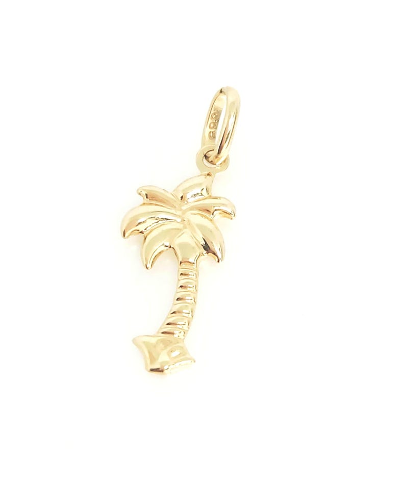 14K geelgouden boombedel, gouden palmboombedel, geribbelde boombedel, gouden tropische boom, botanische sieraden, gouden gezwollen boom, 16 mm x 10 mm afbeelding 1