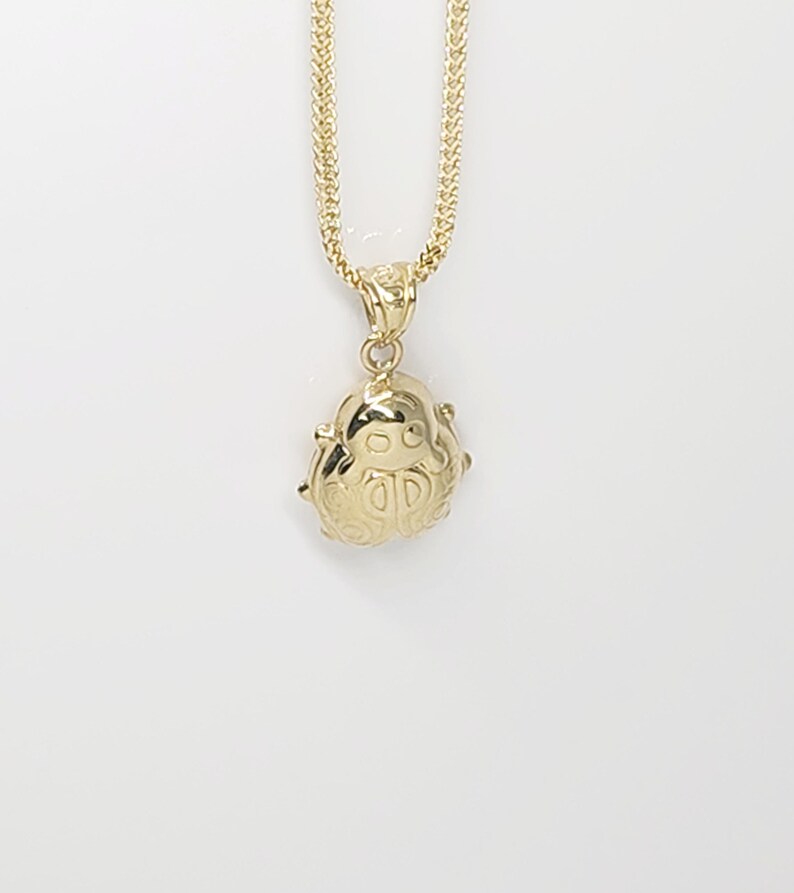 K&ouml;nnte beinhalten: Eine goldene Halskette mit einem polierten goldenen Anh&auml;nger in Form eines Marienk&auml;fers. Der Anh&auml;nger h&auml;ngt an einer goldenen Weizenkette. Das Marienk&auml;fer-Design umfasst gravierte Details auf den Fl&uuml;geln und einen glatten, abgerundeten Kopf, alles in einem hellen, reflektierenden Gold-Finish.