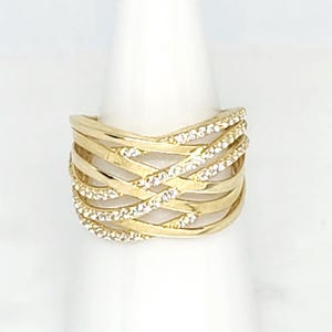 10K Yellow Gold Multi-Strand Ring, Gold Zircon Ring, Gold Statement Ring, Gold Wide Band Ring, Birthday Gift, Gift for her, Size 8