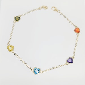 10K Yellow Gold Stone Bracelet, Gold Heart Bracelet, Gold Multi-Color Bracelet, Dainty Gold Bracelet, Anniversary Gift, 7 - 7.5&quot; length