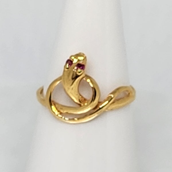 10K Genuine Gold VINTAGE Snake Ring, Stone Snake Ring, Gold Ring with Red Gems, Red Gem Stone Ring, Female Stone Ring, Size 7 1/4