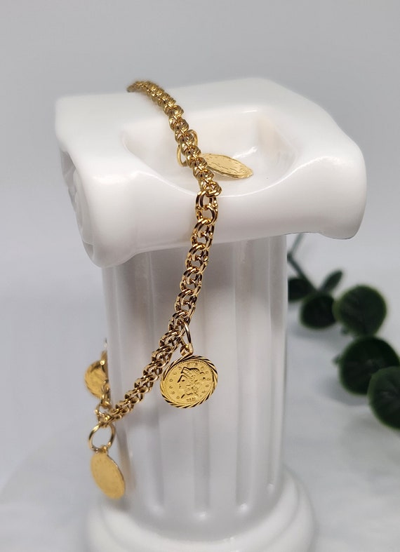 10K Genuine Gold VINTAGE Coin Charm Bracelet, Gold