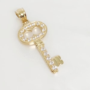 10K Yellow Gold Key Charm, Solid Gold Key Charm, Gold Skeleton Key Charm, CZ Gold Key, Key to My Heart, Gold Key Jewelry, 19MM x 11MM