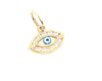 10K Yellow Gold TINY Evil Eye Charm, Gold Cubic Zirconia Charm, Gold Eye Charm, Gold Protection Charm, Blue Enamel Eye, Evil Eye Gift,5x10MM