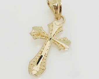 10K Yellow Gold SMALL Cross Charm, Religious Jewelry, First Communion Gift, Diamond Cut Cross, Cross Jewelry, Ornate Gold Cross, 15mm x 10mm