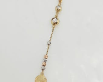 14K Genuine Gold Vertical Charm, TriColor Ball Charm, Gold Cable Chain Charm, Moon Cut Ball Charm, Dainty Hanging Charm, 2 inches length