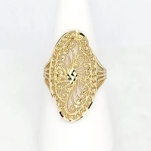 Anillo de filigrana de oro amarillo de 10 quilates, anillo llamativo de oro, anillo de oro macizo, anillo con patrón ovalado, regalo de cumpleaños, regalo para ella, regalo para mamá