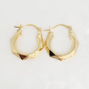 10K Yellow Gold Small Hoop Earrings, Gold Puffy Hoop Earrings, Gold Geometric Hoops, Hollow Gold Hoops, Angular Hoop Earrings, 15mm diameter