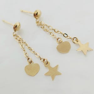 10K Yellow Gold Hanging Earrings, Gold Star Necklace, Gold Heart Jewelry, Gold Butterfly Chain, Multi-Strand Necklace, Anniversary Gift, 17" image 15
