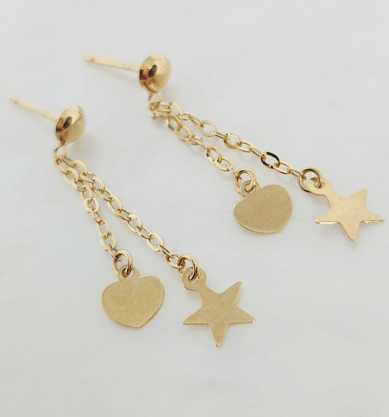 10K Yellow Gold Hanging Earrings, Gold Star Necklace, Gold Heart Jewelry, Gold Butterfly Chain, Multi-Strand Necklace, Anniversary Gift, 17" image 15